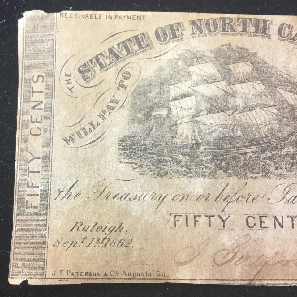 1862 North Carolina 50C Fifty Cent Obsolete Currency CR91 - Image 2 of 4