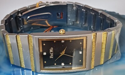 Fei Wo Men's watch rectangular black face, gold-tone bezel & gold accents