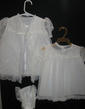 Vintage Baby Christening Dress Ivory Lace w Slip Coat Cute Bonnet Dainty 6-9 M