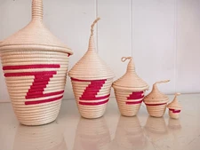 Set of 5 Peace Nesting Baskets w Lids Cream Red Coiled Graphic Design 8" - 1.5"