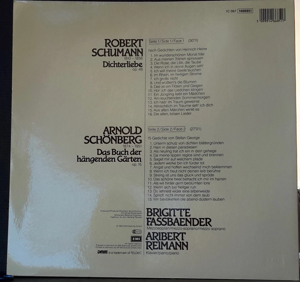 HMV 1466851 SCHUMANN DICHTERLIEBE / SCHONBERG FASSBAENDER REIMANN '83 GERMAN NM - Image 2 of 4