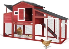 PetsCosset Chicken Coop Wooden Backyard House on Wheels with Nesting Box&Run,Red