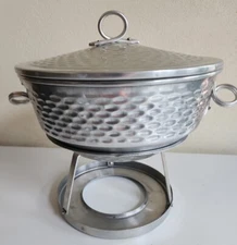 Vintage Serving Set Chafing Stand Hammered Aluminum Bowl Lid Warming Dish Italy