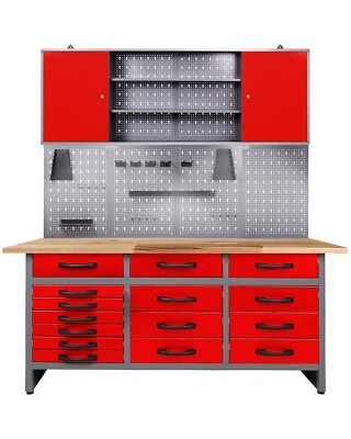 Ondis24 Werkstattset 160cm Werkbank Metall Werkzeugschrank Lochwand Hakenset LED