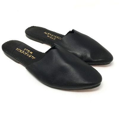 Alexandria Wills Womens Black Pointed Toe Flat Slip On Mules Shoes retail $150