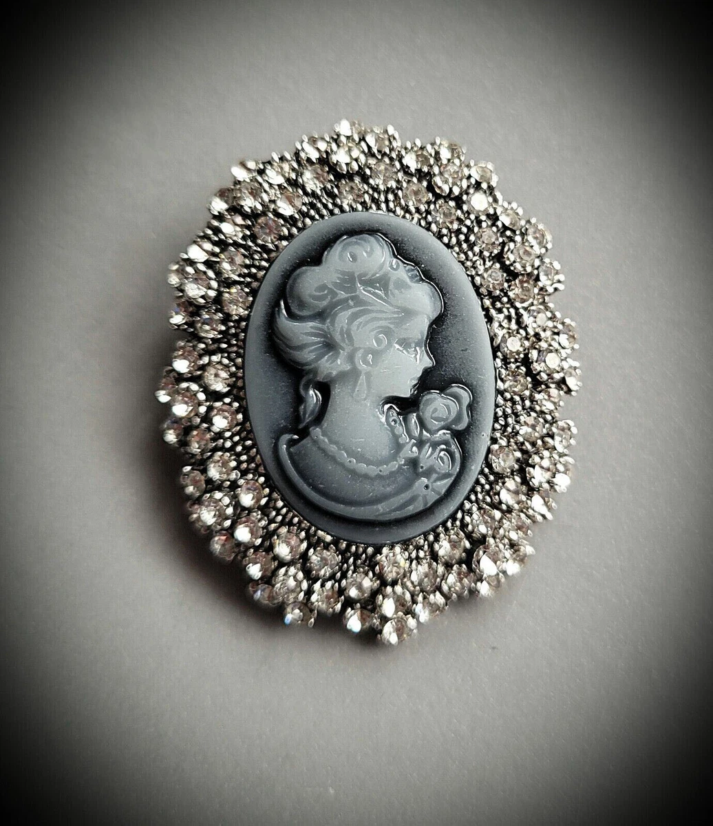 Vintage Victorian Style Crystal Cameo Brooch Silver Diamante Flower Broach Pin