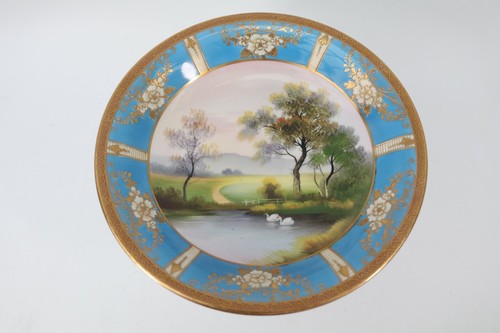 Noritake Cake Stand Painted Swans Blue and Gold Hand Painted Circa 1930 - Picture 2 of 7