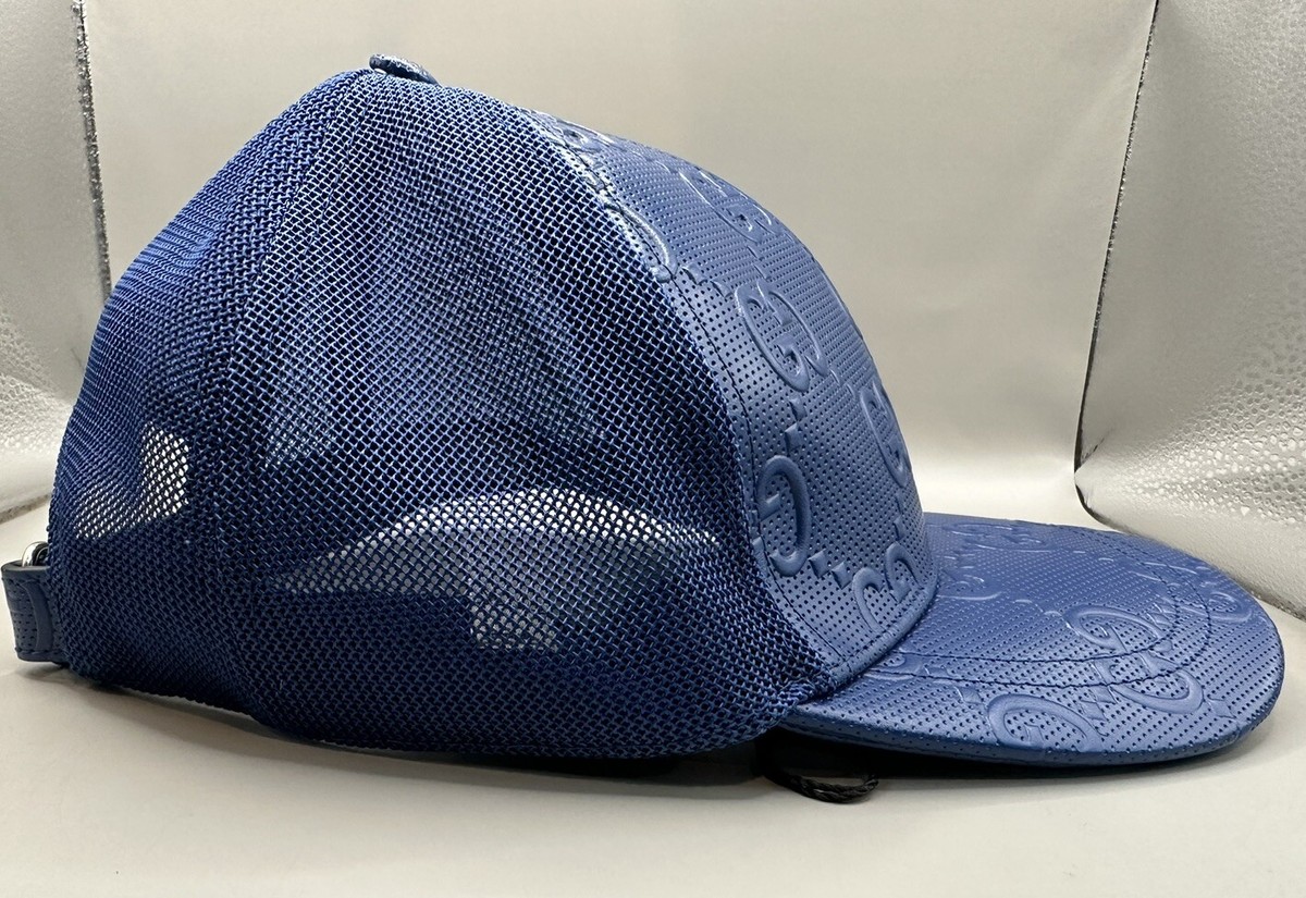 NWT Gucci - GG leather baseball cap Green BLUE GG Size S 100% Authentic Gucci GG Supreme Embossed Leather Baseball Hat Cap Blue Size  main image 4