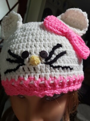 HELLO KITTY Hat,Handmade, crochet, white w/pink trim , w.20 
