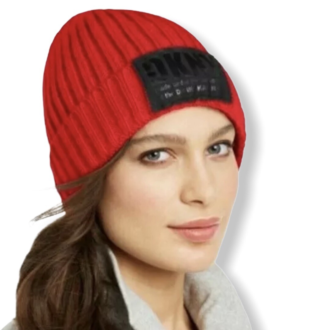 DKNY Fleece Lined Knit Beanie Hat Red 