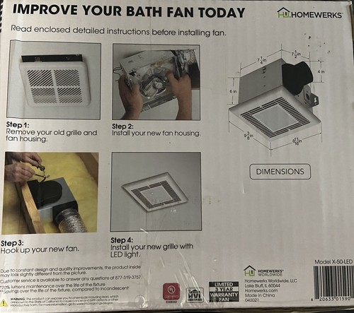 Homewerks Bathroom Ventilation Fan With LED Light New In Box 50 CFM 7.5x7.25 - 第 11/16 張圖片