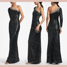 NWT 1095 Sachin Babi 6 Greta Sequined One Shoulder Gown in Black J1563