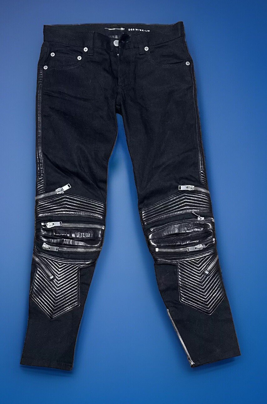 Jeans SAINT LAURENT Hedi Slimane cerniera nero biker denim pelle donna 31W x34L