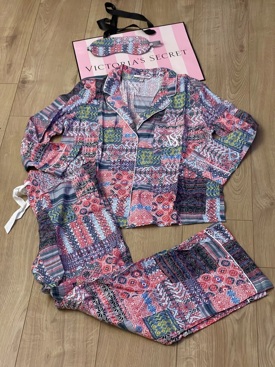 NEW Victoria s Secret Rare 3pc flannel long Fair Isle Patchwork Logo PJ Set M