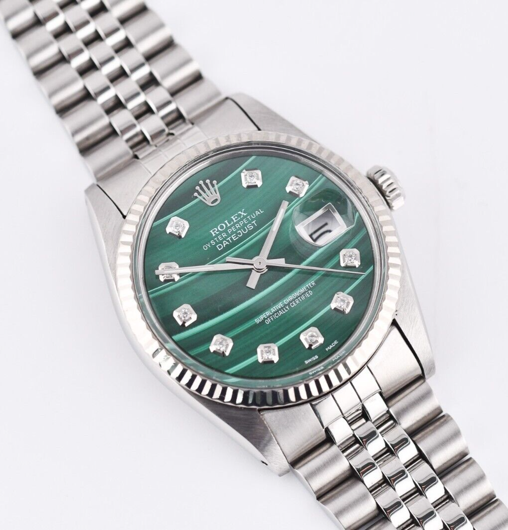 時計 ROLEX Datejust 16014 Rolex Datejust 16014 Green Wave Diamond Dial 36mm Watch 18K Gold