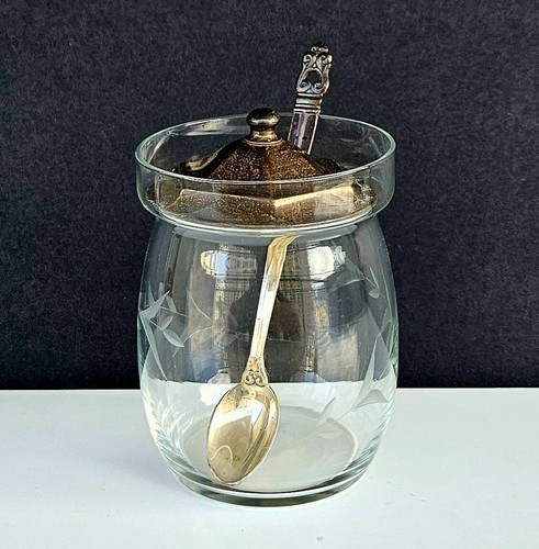 Antik 925 Sterling Silber & geätztes Glas Marmeladen Jally Glas & Silberlöffel - Bild 10 von 10