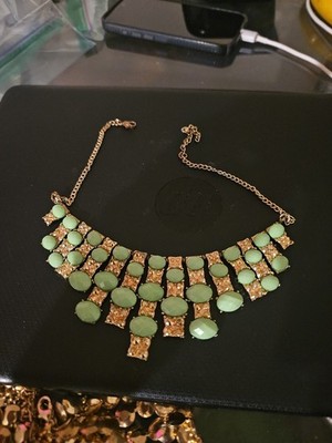 15 Rectangle Gold W/ Green Oval Glass Beads