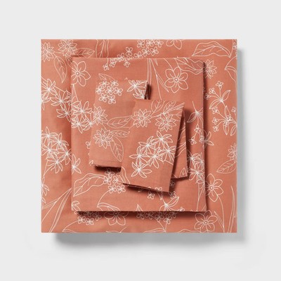 Queen Easy Care Cotton Blend Sateen Sheet Set Rust Floral - Room