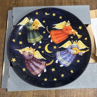 NIB! Vtg Pilgrim Glass 13'' Plate Platter Angelic Cats 24kt Gold & Lead Crystal