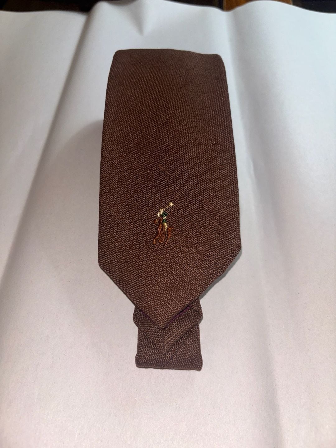 Vintage Polo Ralph Lauren Brown 100% Linen Handmade Necktie with Embroidered Pol