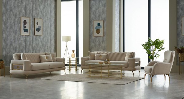 Sofagarnitur Dreisitzer Sofa Stoffsofa Polstersofa Beige Sessel 3Tlg-image