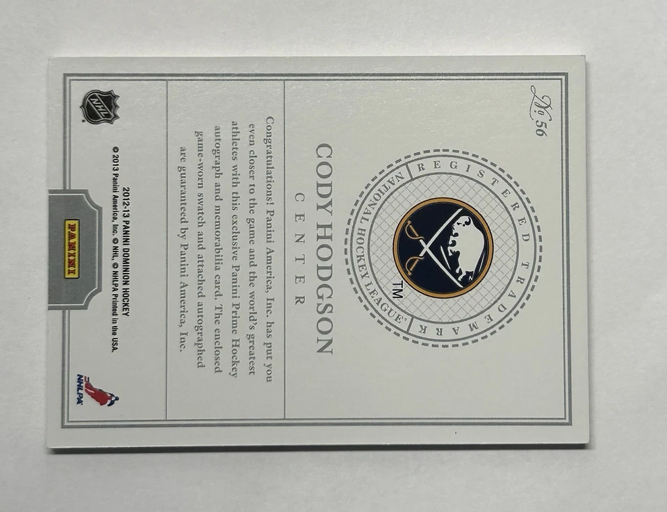 Cody Hodgson 2012-13 Panini Dominion Patch Auto Rookie Anthology /60 #56 - Image 3 of 3