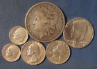 LOT 6 US SILVER COINS 1879 MORGAN SILVER DOLLAR 1964 KENNEDY HALF $ 2 QUARTERS