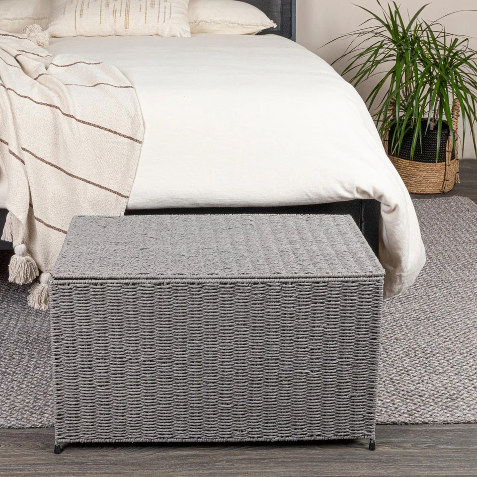 Cofre de almacenamiento de cuerda de papel tejido con tapa con bisagras y asas integradas, gris Foto 2 de 4