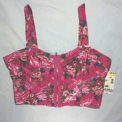 BONGO 1990s Pink Multicolor Floral Zip Front Wide Strap Halter Top XL Teens