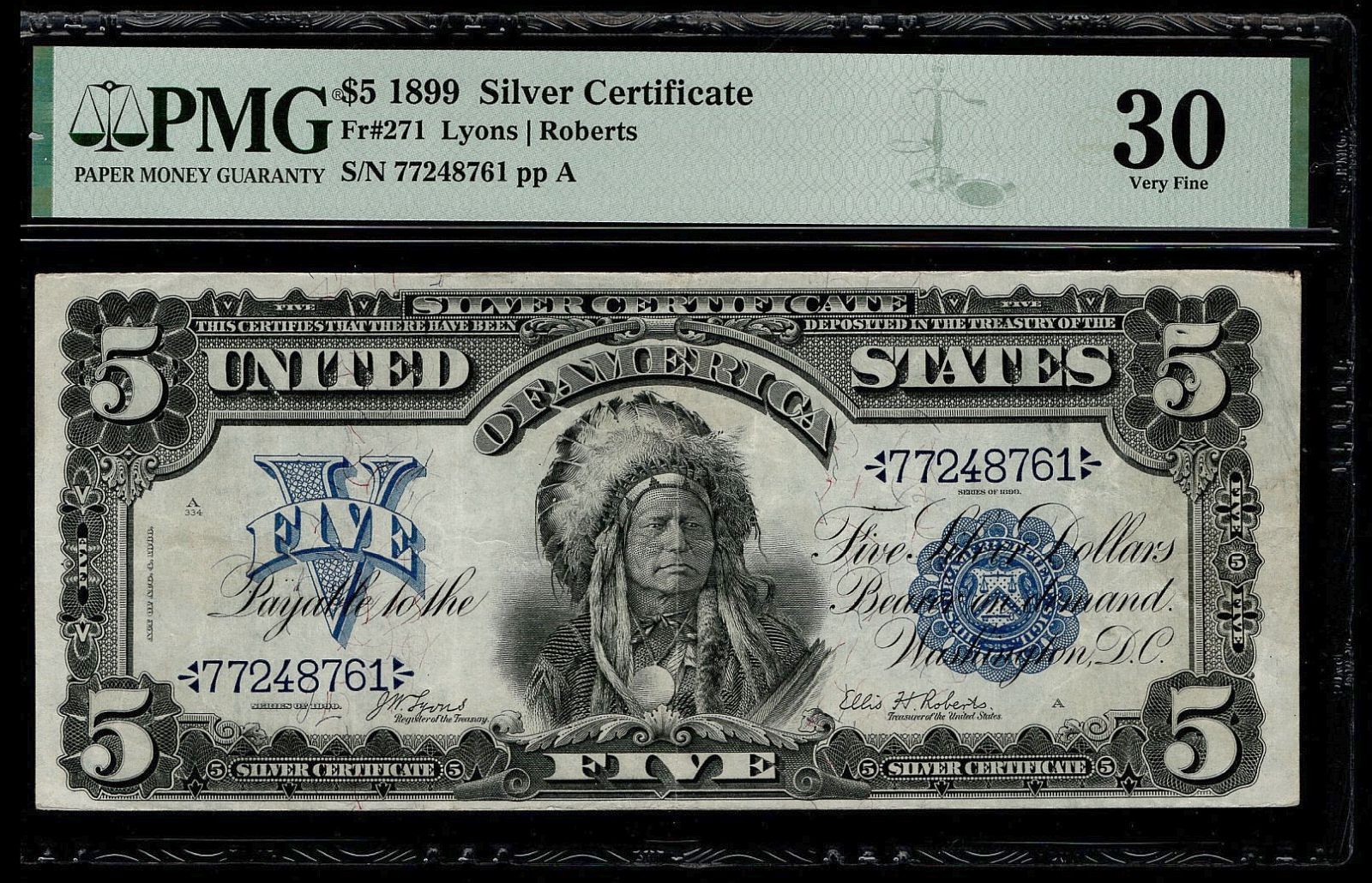 1899 $5 Silver Certificate Indian Chief Note FR.271 PMG 30 77248761 (ADJJ)