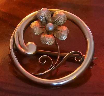 Antique 5 Leaf Clover Brooch 9ct Gold Seed Pearl Edwardian Lucky Charm #12878