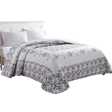 Carnation Floral Embroidered Quilted Bedspread, Lightweight, All-Seasons, Que...