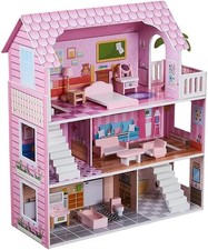 Wooden Dollhouse, 3 Story Kids Doll House Playset With Furniture Set, Playhouse