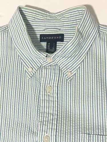 Lands End Seersucker Shirt Mens Large Blue Green Striped Traditional Fit Button