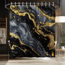 Luxury Black and Gold Marble Shower Curtain 72x72 Inch with Hooks, Abstract M...
