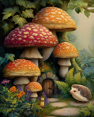 8x10 Cozy Storybook Hedge Sits in Middle Forest Mushrooms Art Print - 753422125