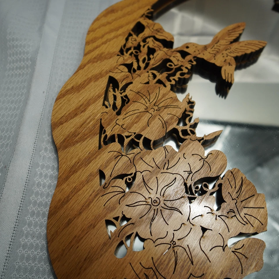 Handmade Scroll Saw Hummingbird Floral Oak Oval Wall Mirror Carved Decor Rustic - Image 2 of 4