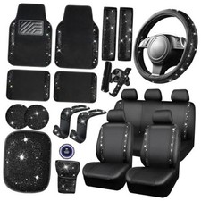 Bling Diamond Car Accessories Set for Women, Leather Seat 23 PCS Black Diamond