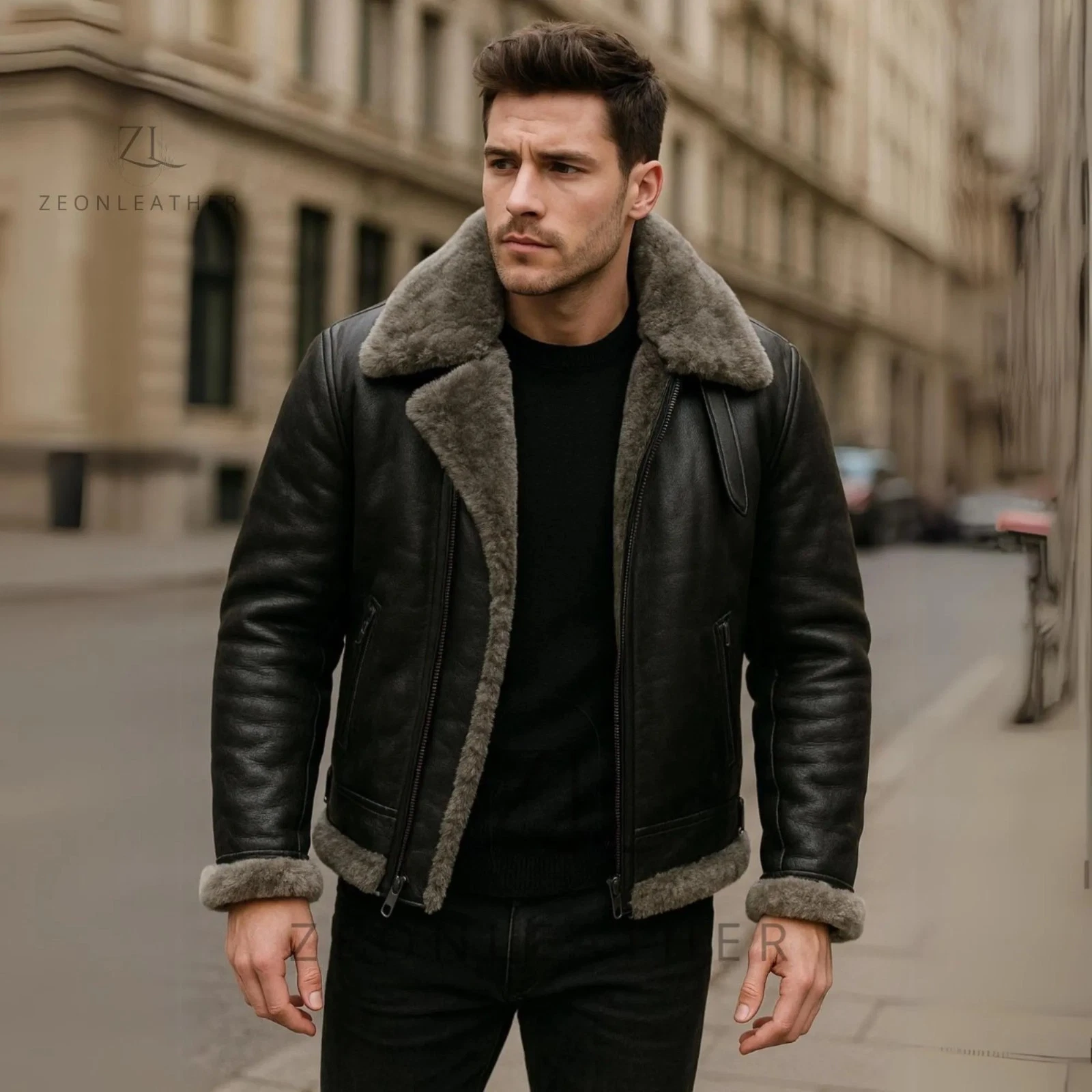 Men's Black Leather Shearling Jacket Oversized Fur Collar Winter Aviator Coat
Opens in a new window
