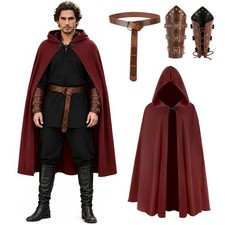 Medieval Cloak with Hood Men Women 3Pcs Renaissance Hooded Cape Accessories Red