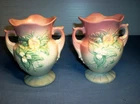 2~Hull Art Pottery Trillium Wildflower Vase Double Handle W-4 6 1/2” Pink Blue