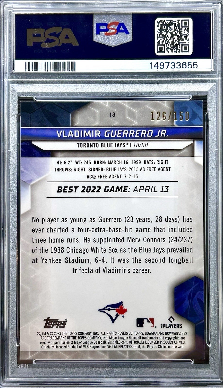 2023 Bowman’s Best Vladimir Guerrero Jr Blue Refractor /150 PSA 10 POP 1 view 4