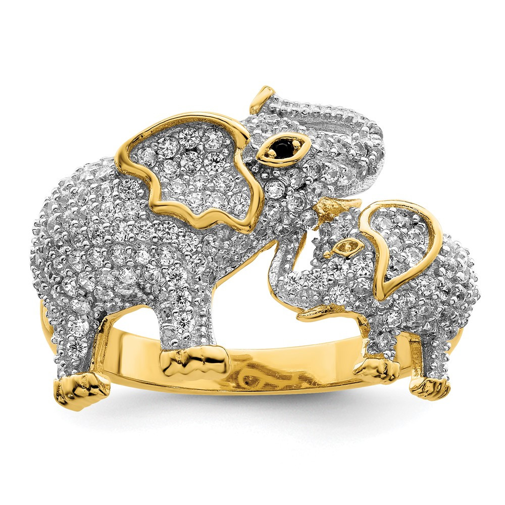Sterling Silver Gold Tone Mom & Baby Cubic Zirconia Elephants Ring Size 7