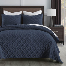 Queen Size Navy Blue Quilt Set with Geometric Pattern and Pillow Shams