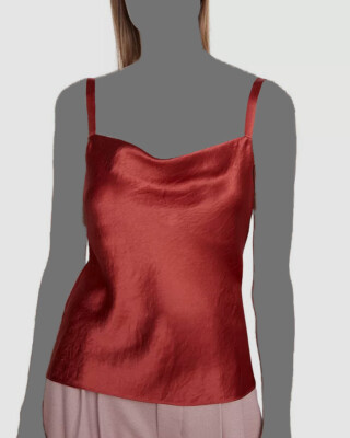 $227 Vince. Women's Red Cowl Neck Slim Fit Slip Satin Half Camisole Top Size XS