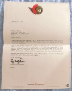 Craig Billington Goalie Ottawa Senators Autographed Letter from 1995