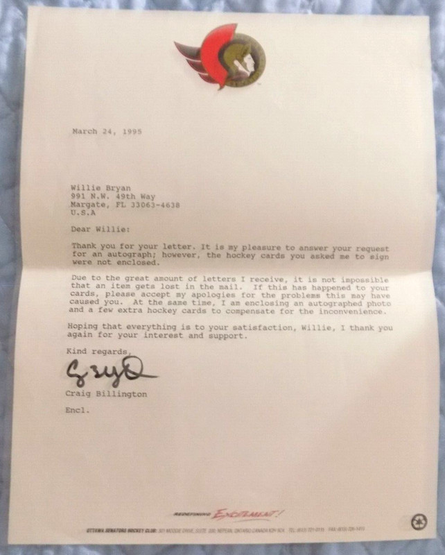 Craig Billington Goalie Ottawa Senators Autographed Letter from 1995
