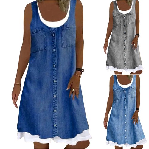 Damen Ärmellos Jeansoptik A-Linie Kleider Partykleid Sommerkleid  Freizeitkleid | eBay