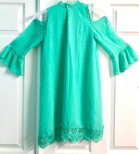 BEAUTEES Girl's Seafoam Green Dot Mesh Crochet Lace Bell Cold Shoulder Dress 14 - Picture 4 of 11