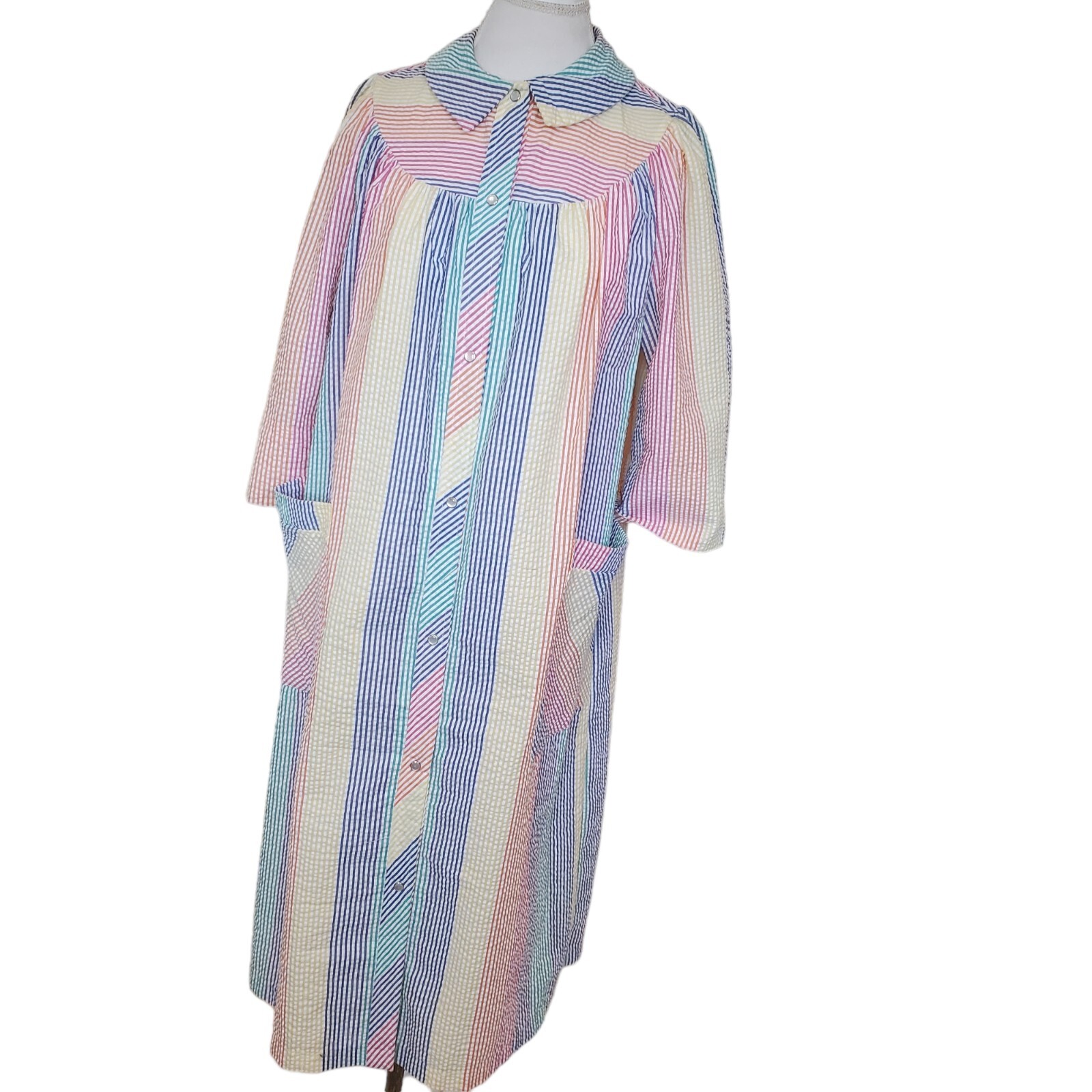 Vintage Rainbow Striped Housecoat Robe Thin Pearl… - image 2